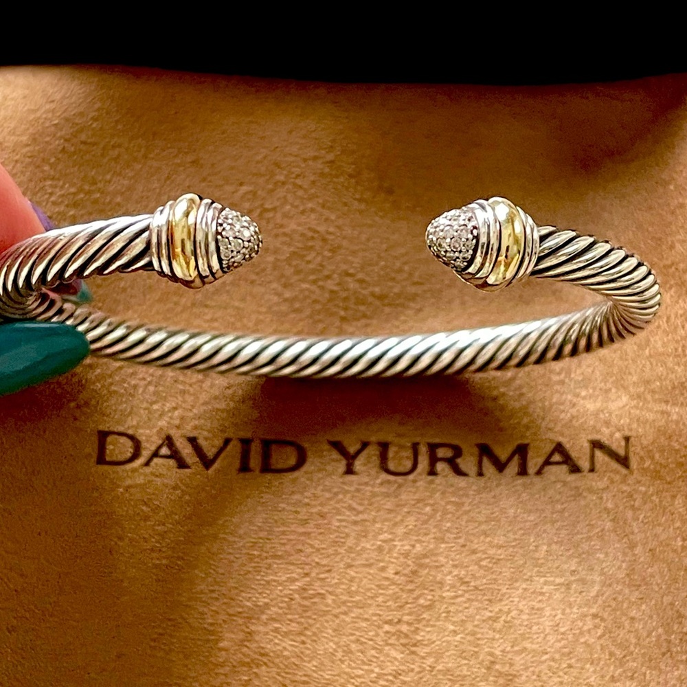 David Yurman 5mm Cable Bracelet Sterling Silver w/ 14K Gold Pave Diamond Domes - Picture 1 of 5
